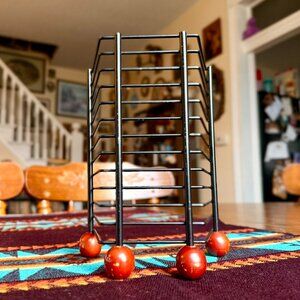 Vintage 2000s Black Wire CD Rack Storage Tower with Wooden Feet